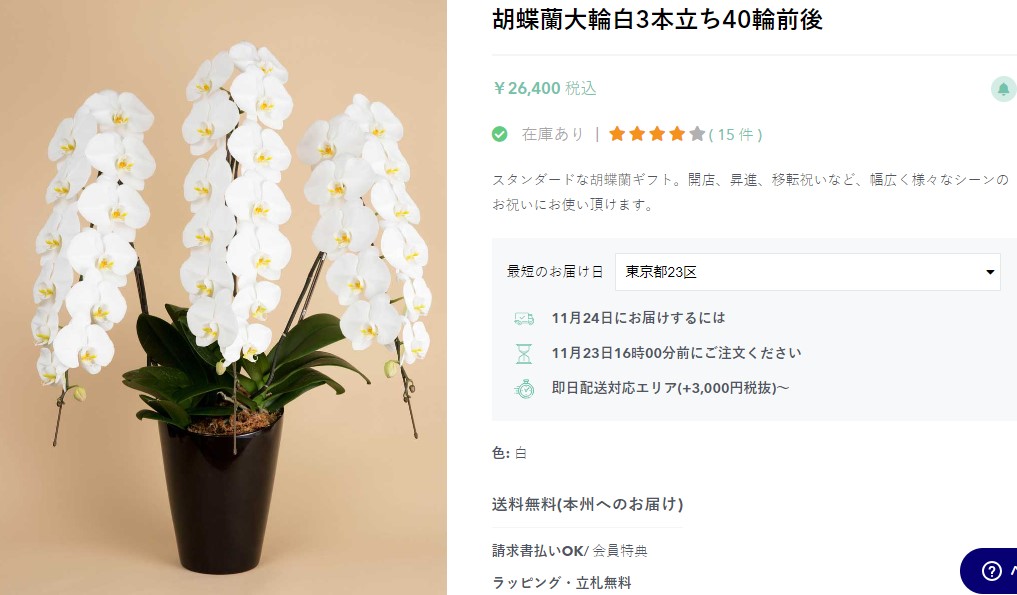 HANAMAROの大輪胡蝶蘭3本立（白）の画像